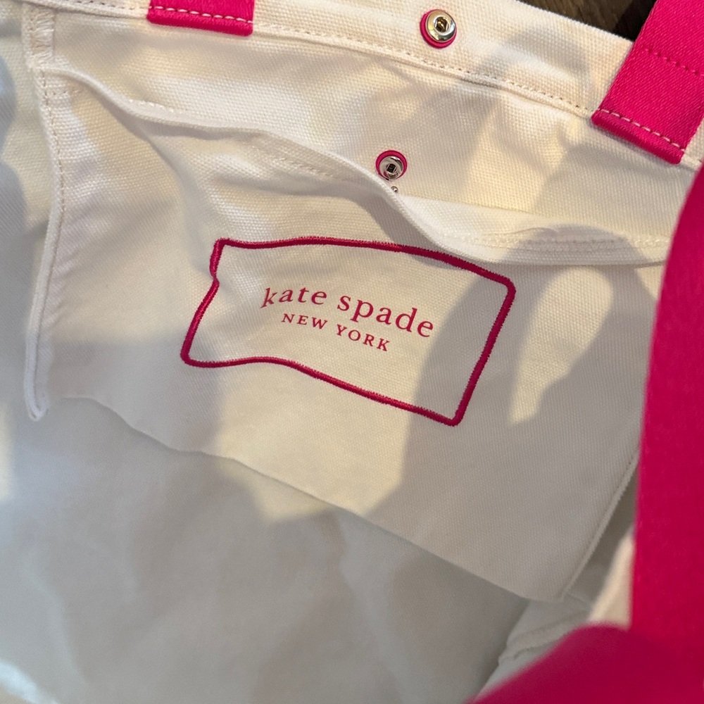 Kate Spade Cream Canvas Tote with Rainbow Text and Pink Straps-EUC - Picture 3 of 4